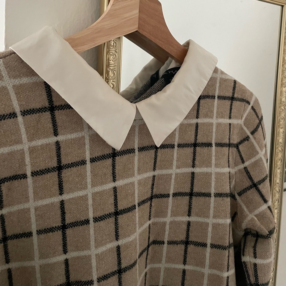 Tahari Long Sleeve Plaid Sweater with Ivory Underlay